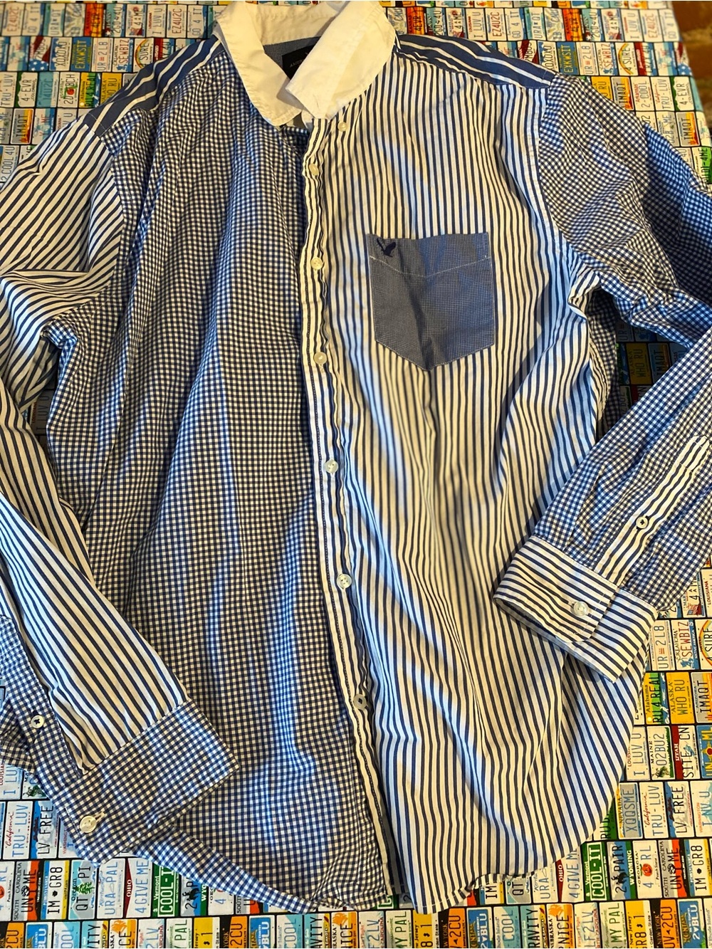 American Eagle Outfitters Blue and White Patchwork Stripe Button-Down Shirt